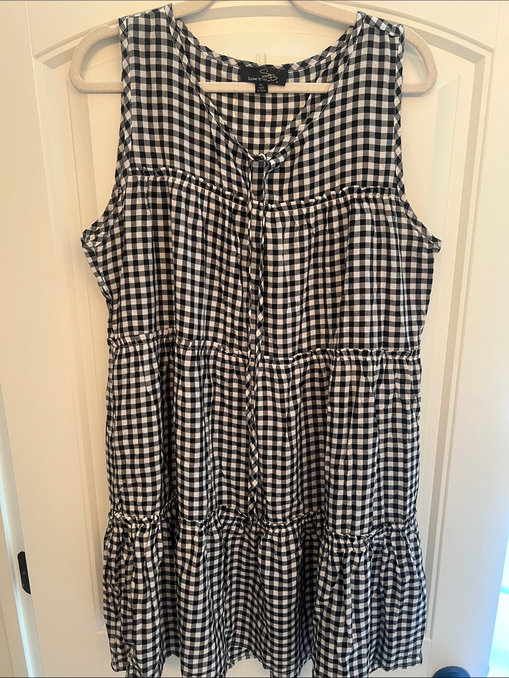 Suzanne Betro Black & White Gingham Tiered Sleeveless Midi Dress Sz XL